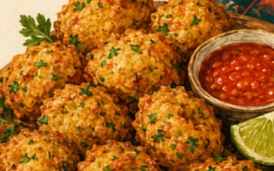 A basket of golden accras de morue with chilli dipping sauce and lime